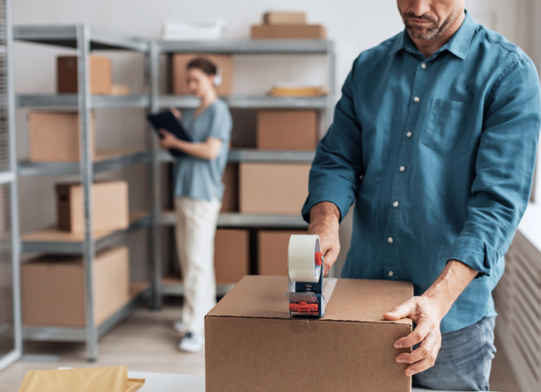 Мужчина упаковывает товар