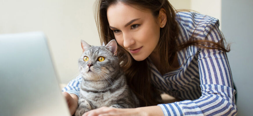 Девушка и кошка за ноутбуком